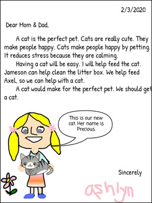image of student-created letter trying to persuade their parents to get a cat