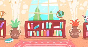illustration of brightly-colored library