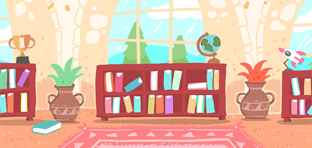 illustration of brightly-colored library