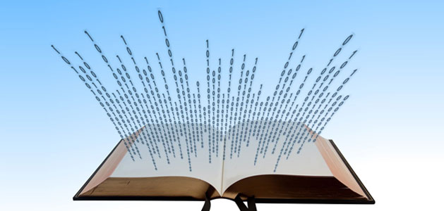image of book with binary coming out of it